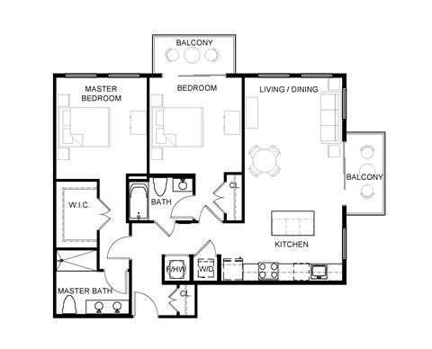Floor plan for 2 beds, 2 baths, 1094 sqft